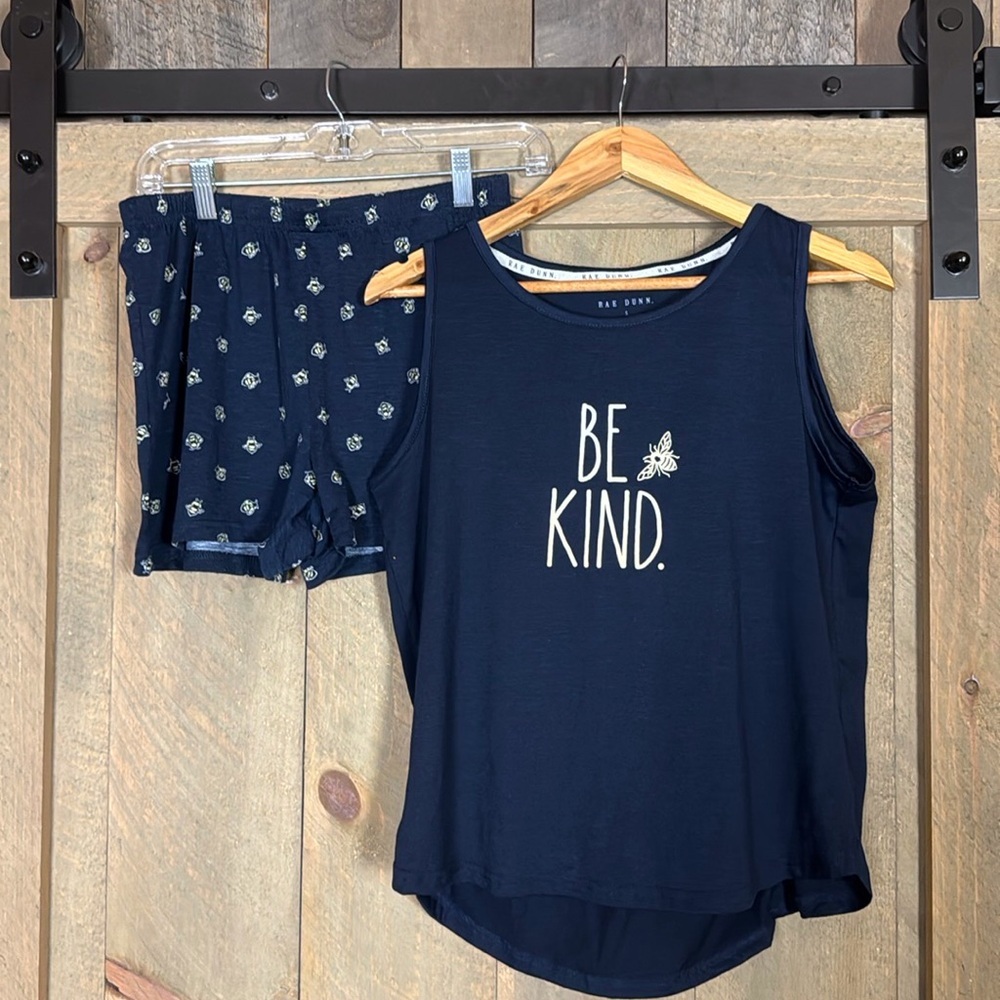 Rae Dunn Be Kind pajama set - tank top and shorts Size Small Blue and yellow - Picture 7 of 7